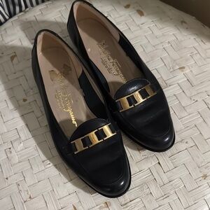 Ferragamo navy Loafers with Gold buckle size 5.5